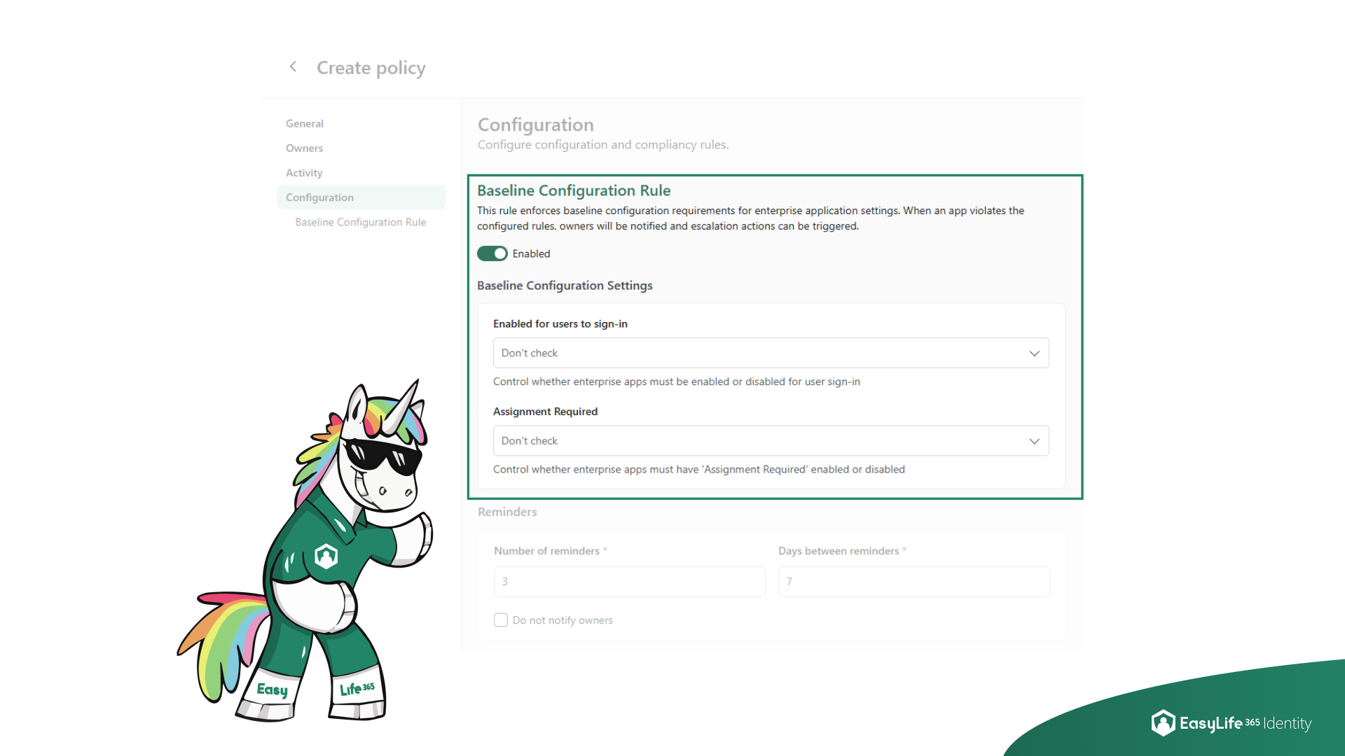 EasyLife 365 Identity application overview showing the new Baseline Configuration rule.