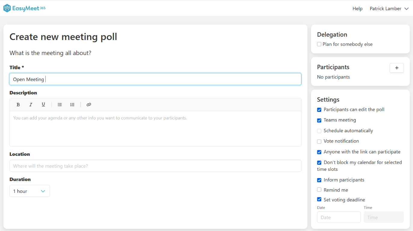 EasyMeet settings including open participation, blocker preference, and voting deadline