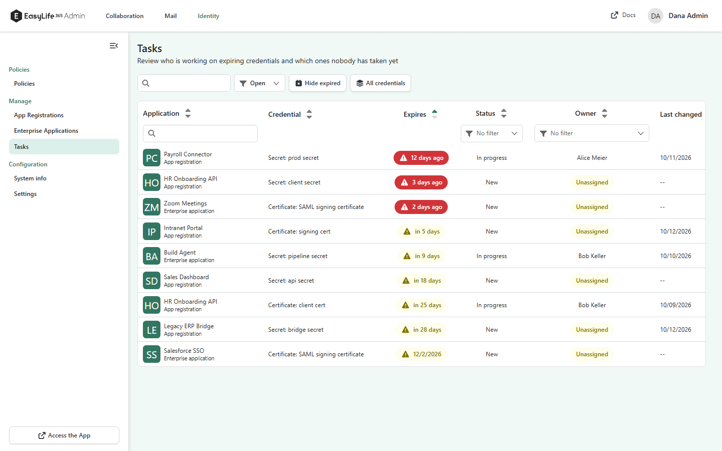 EasyLife 365 Admin Tasks page listing credentials that need action, ordered by expiry, with status and owner columns and Unassigned credentials.
