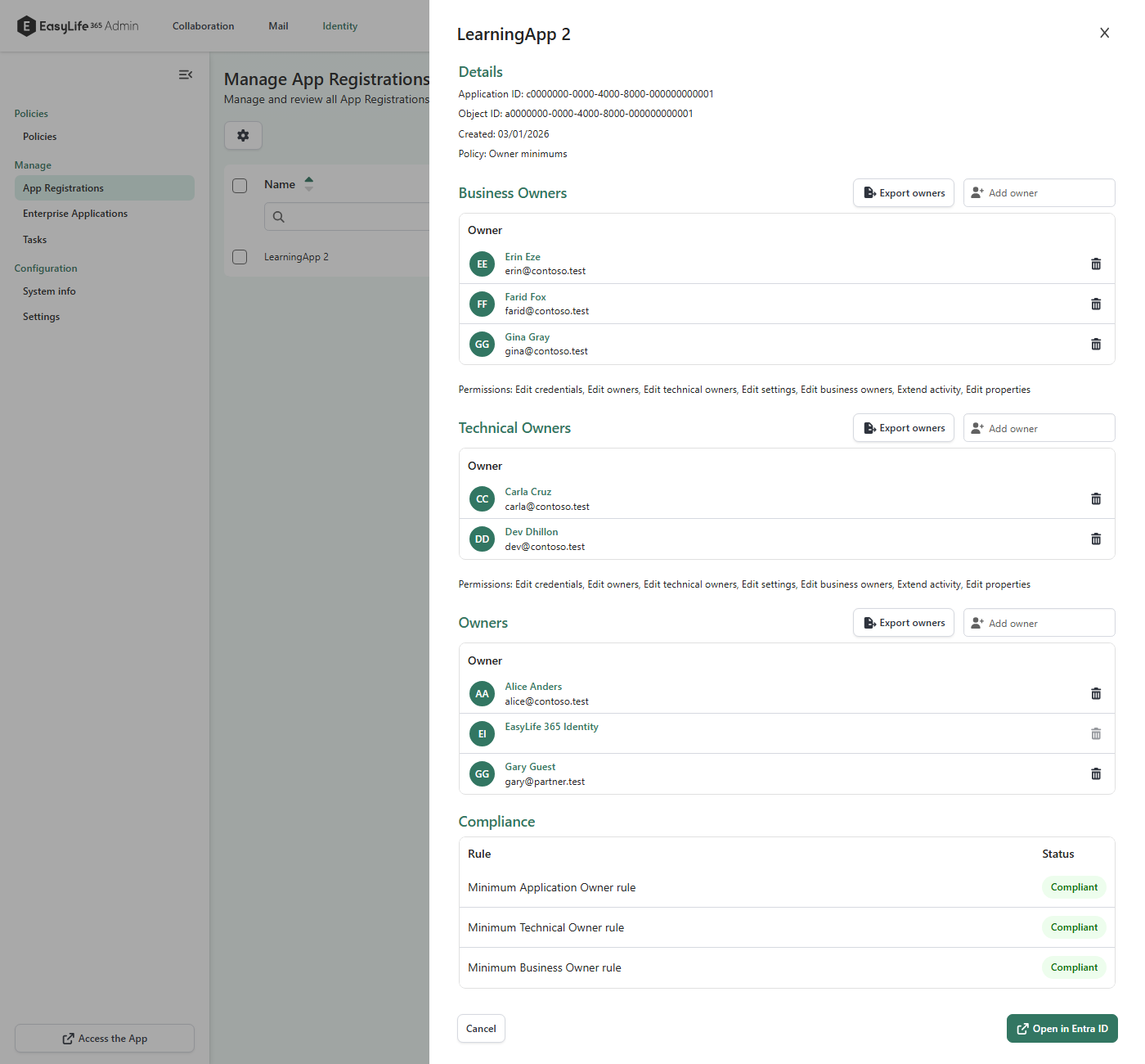 EasyLife 365 Admin application details panel showing owner lists with Add owner buttons and a Compliance section.