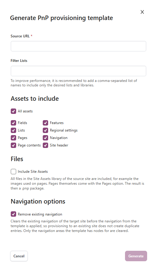 EasyLife 365 Collaboration - Generate a PnP template with Include Site Assets