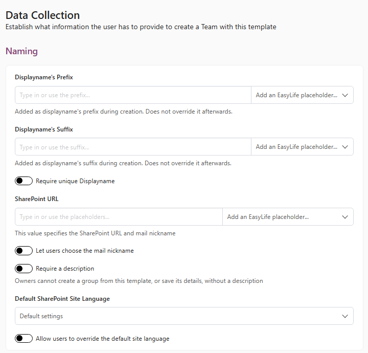 EasyLife 365 Collaboration - The Require a description switch of a template