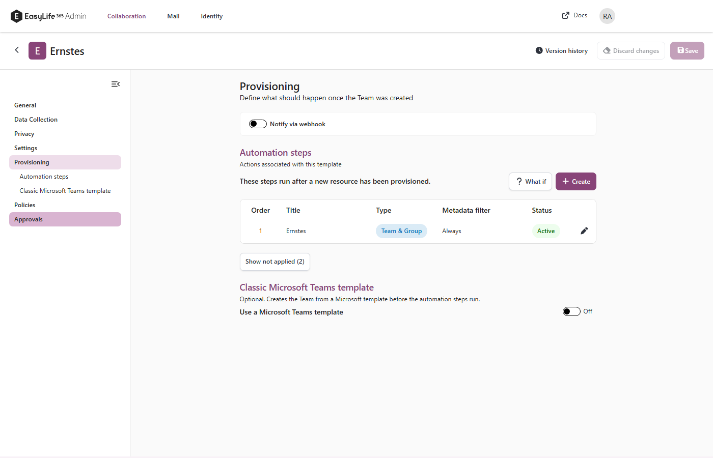 EasyLife 365 Collaboration - Automation steps on the Provisioning tab of a template