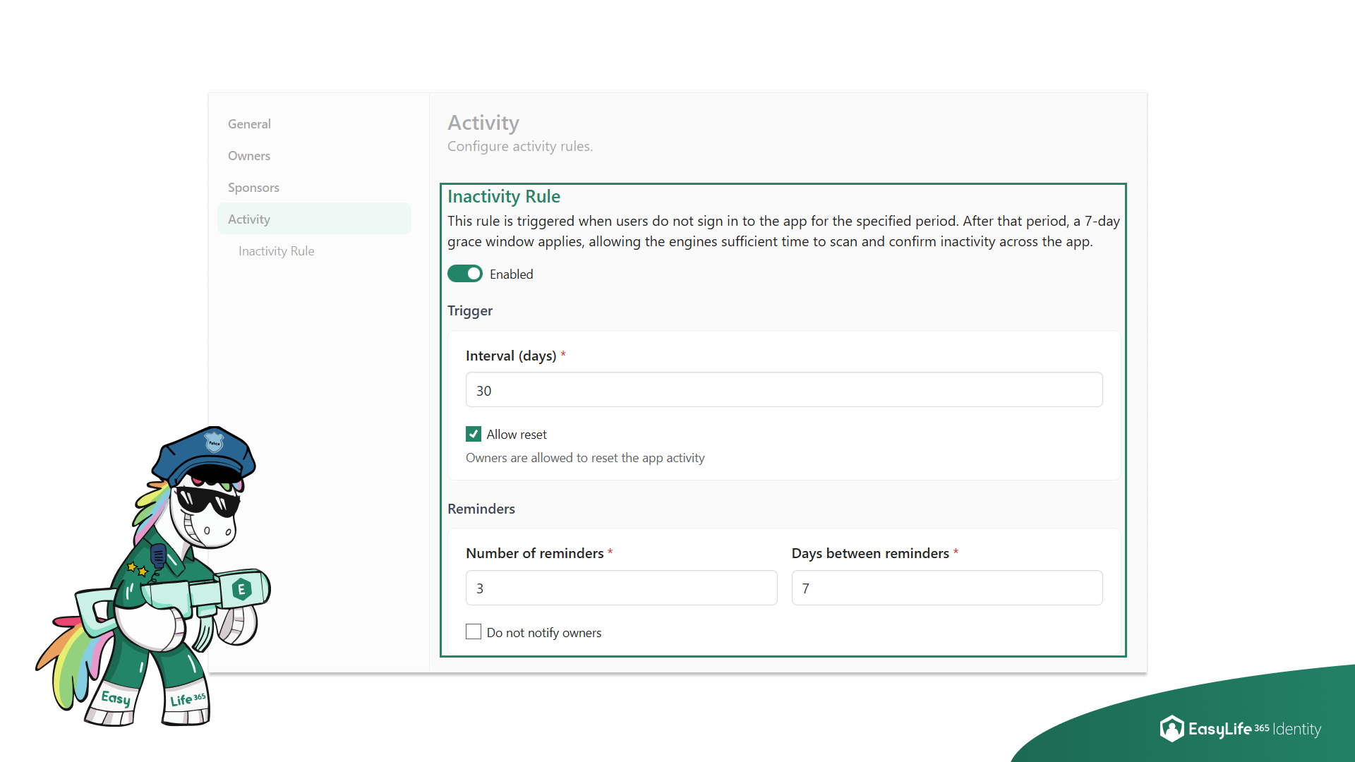 EasyLife 365 Identity Activity Policy settings showing configuration options for an inactivity rule, grace window, reminders, and owner reset permissions.