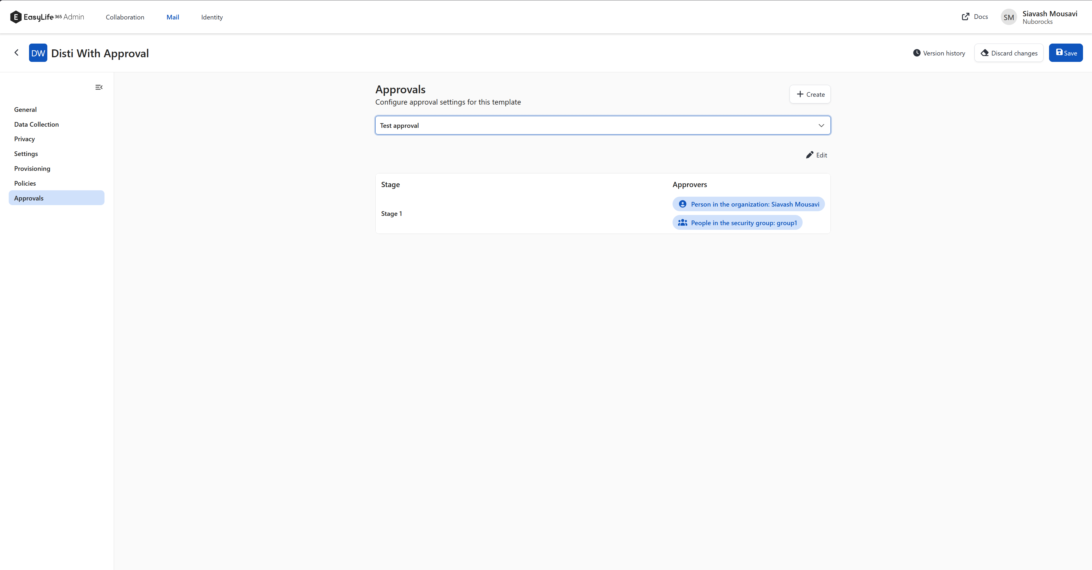 Template Approvals tab with a workflow selected and the stage summary table below