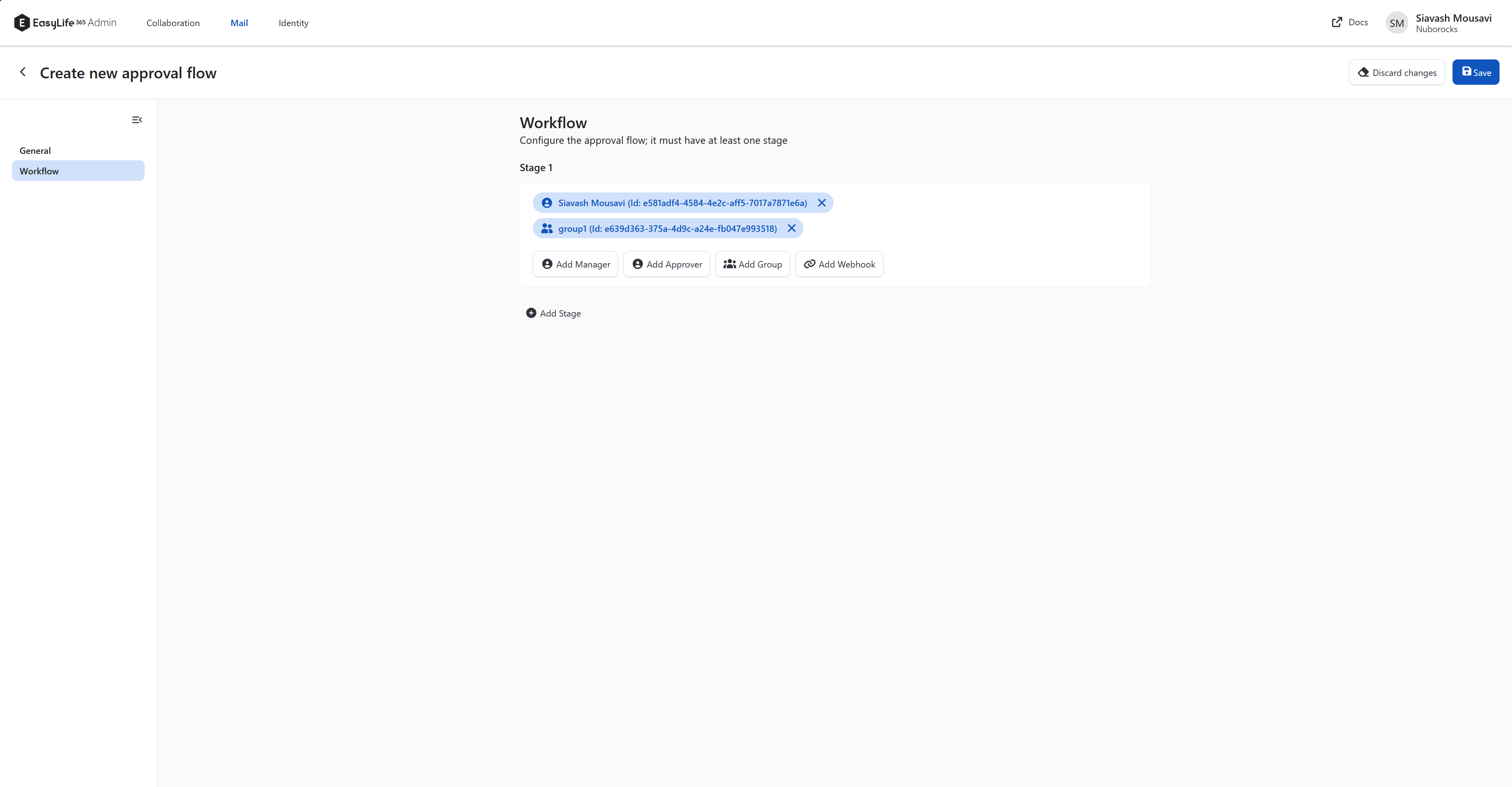 Workflow tab showing a stage card with several approver types