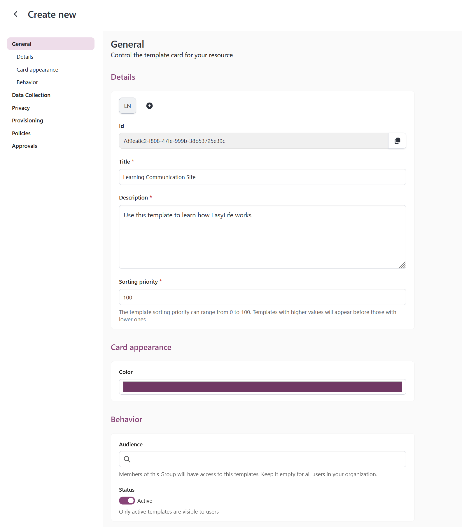 learning site template card
