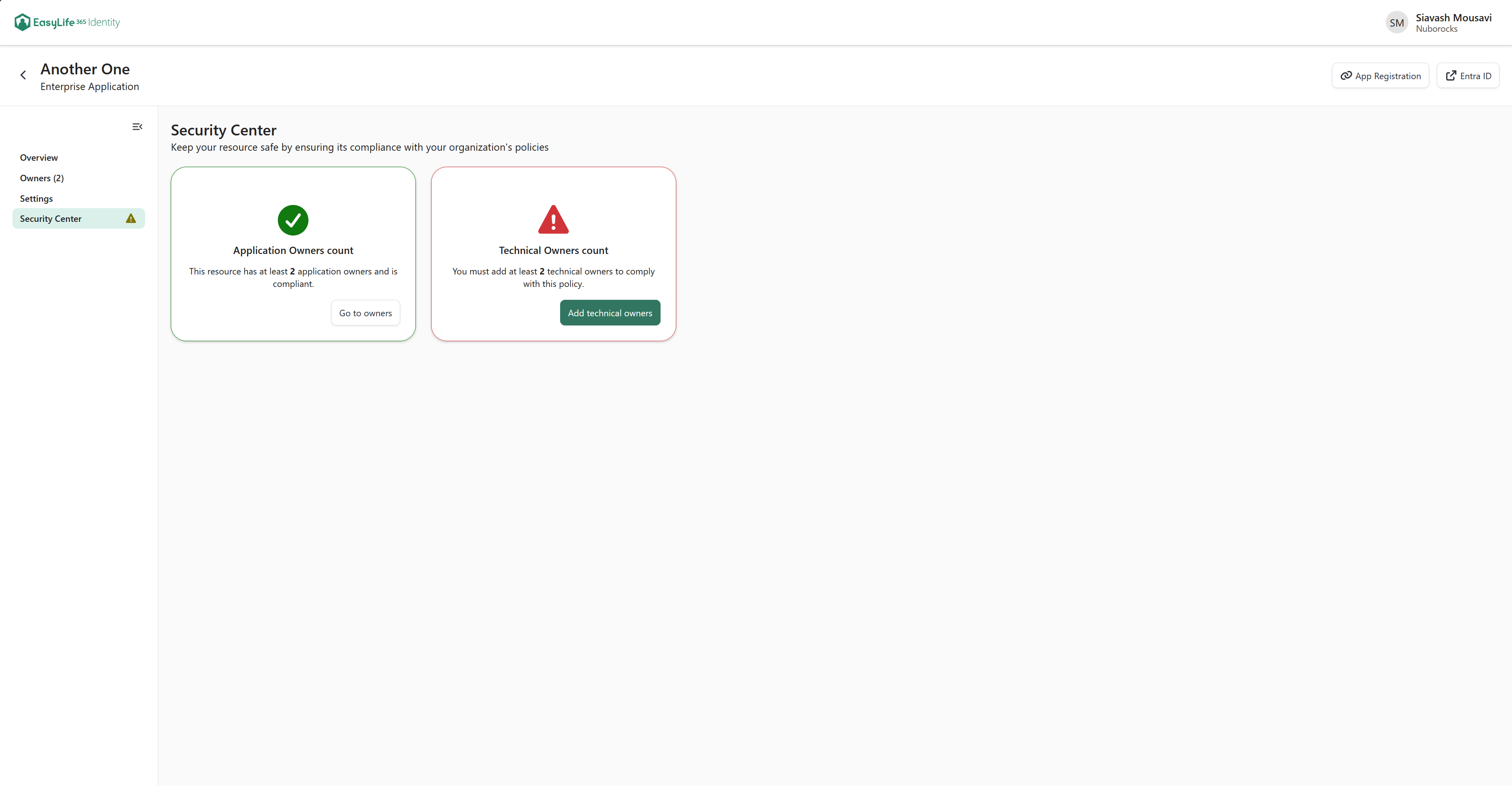 Security Center of an enterprise application