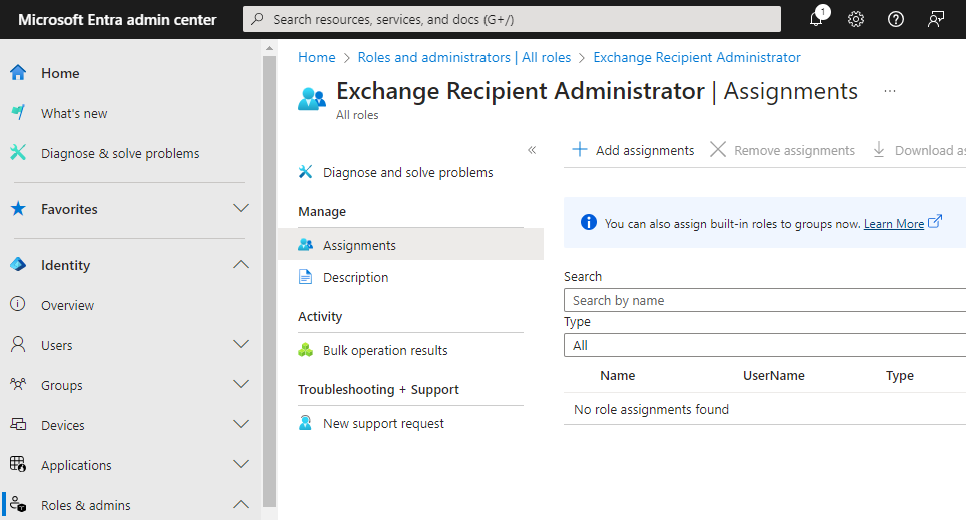 Assignments for the Exchange Recipient Administrator role