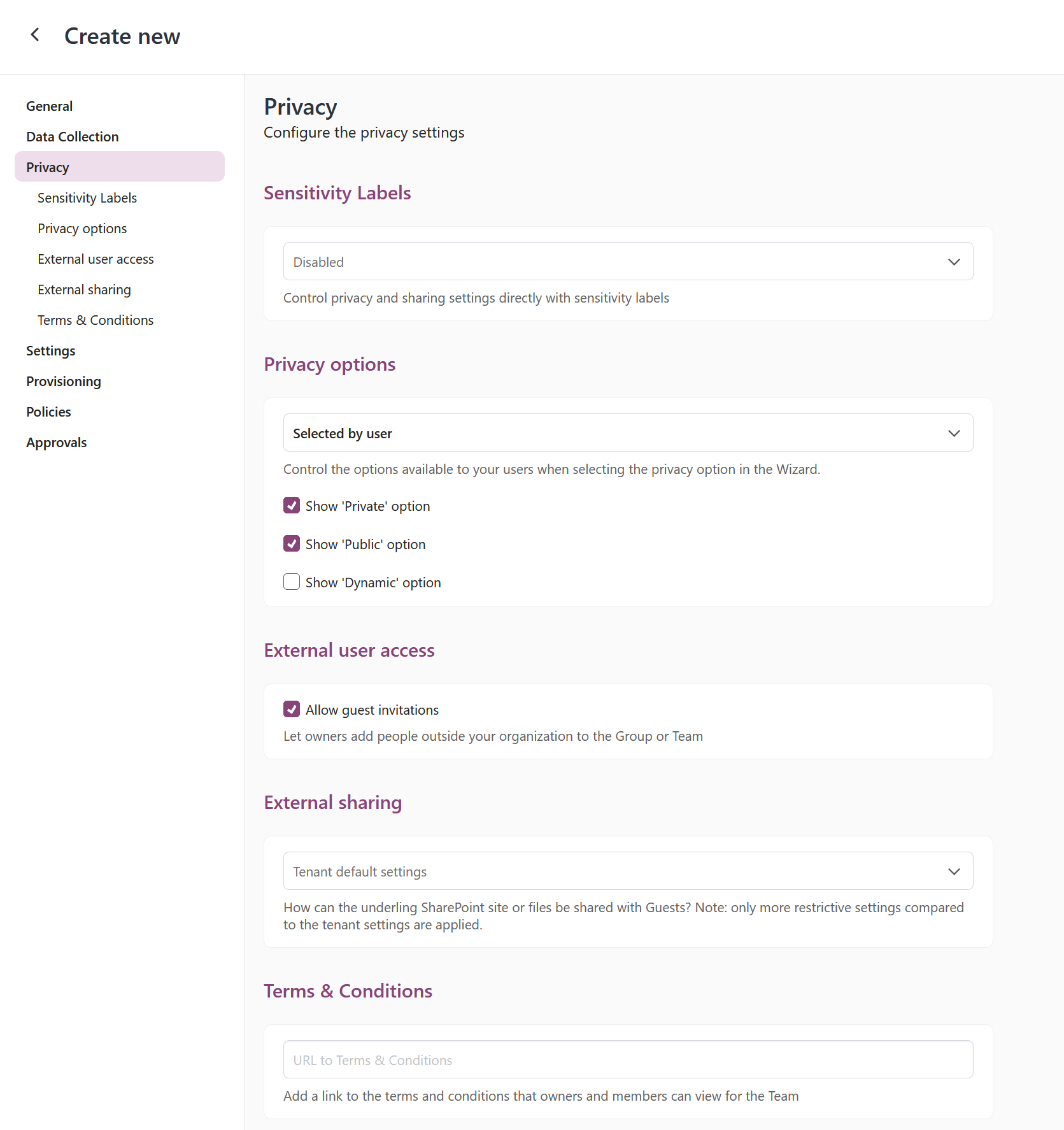 project teams template privacy