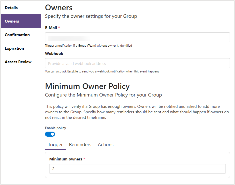 org teams minimum owners policy