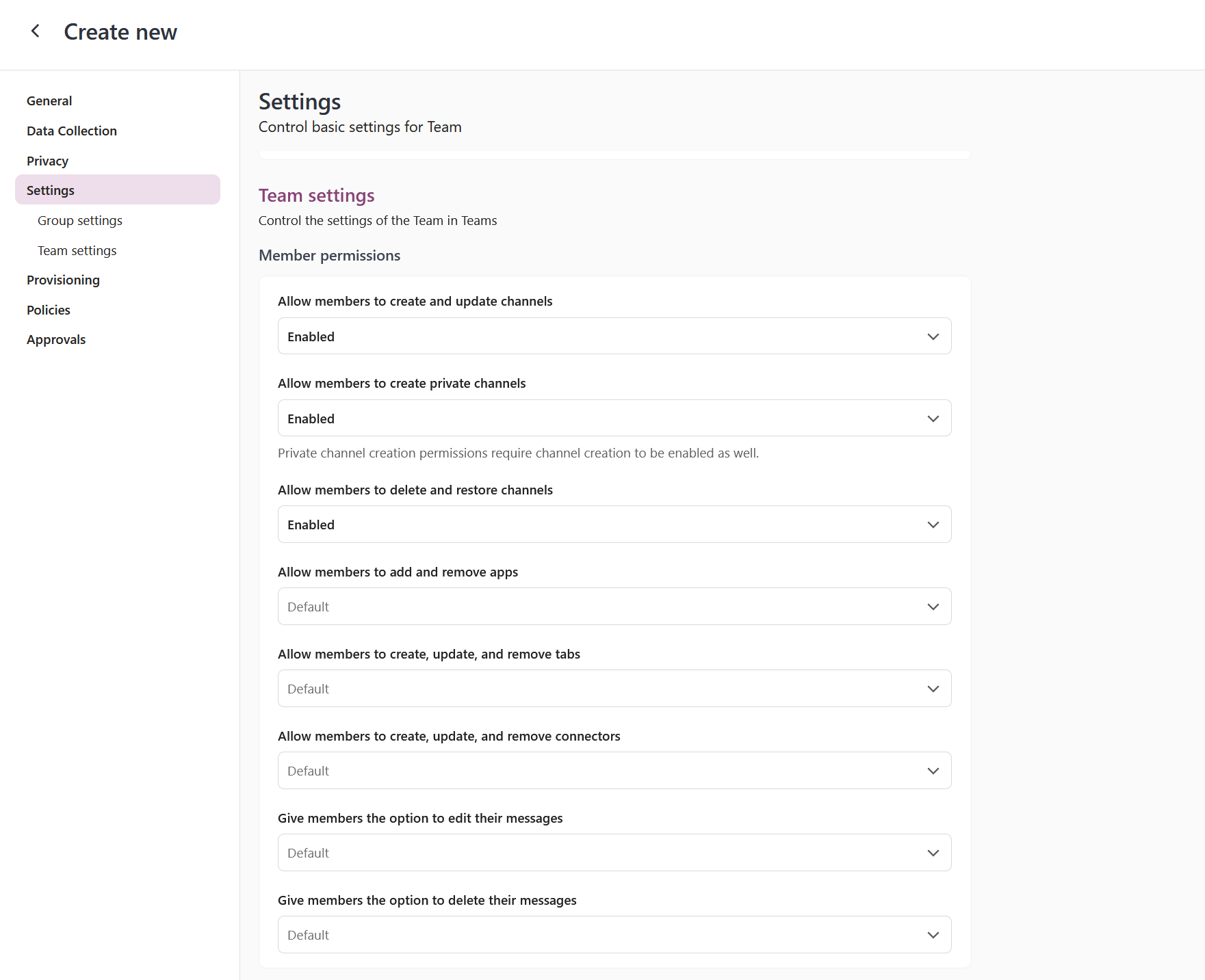 org teams template settings