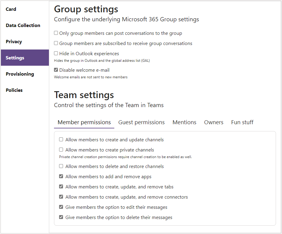 org teams template settings
