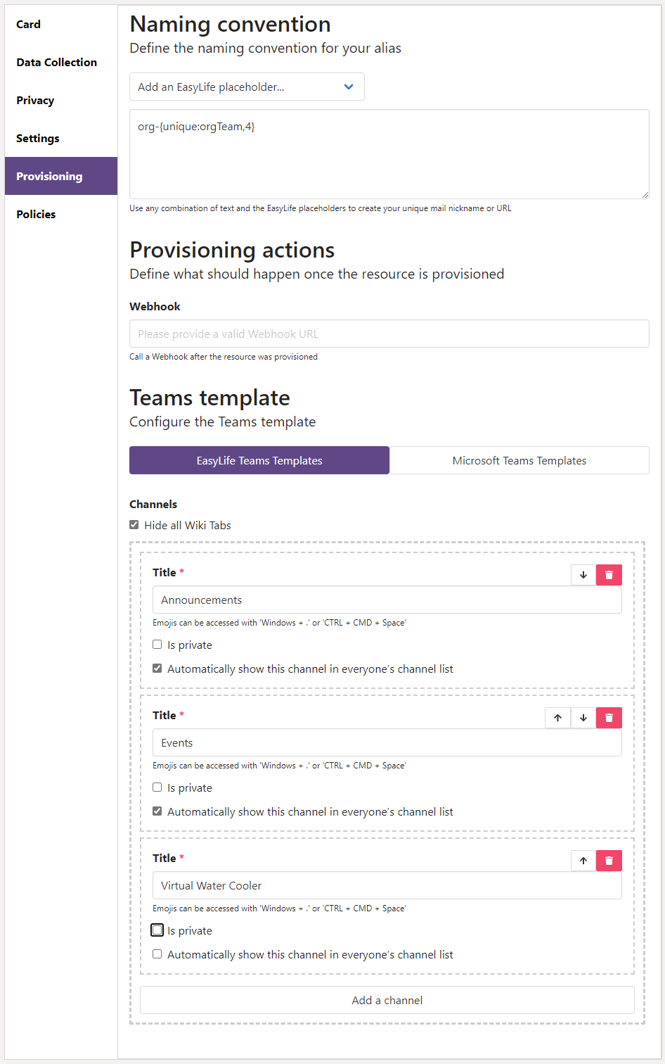 org teams template provisioning