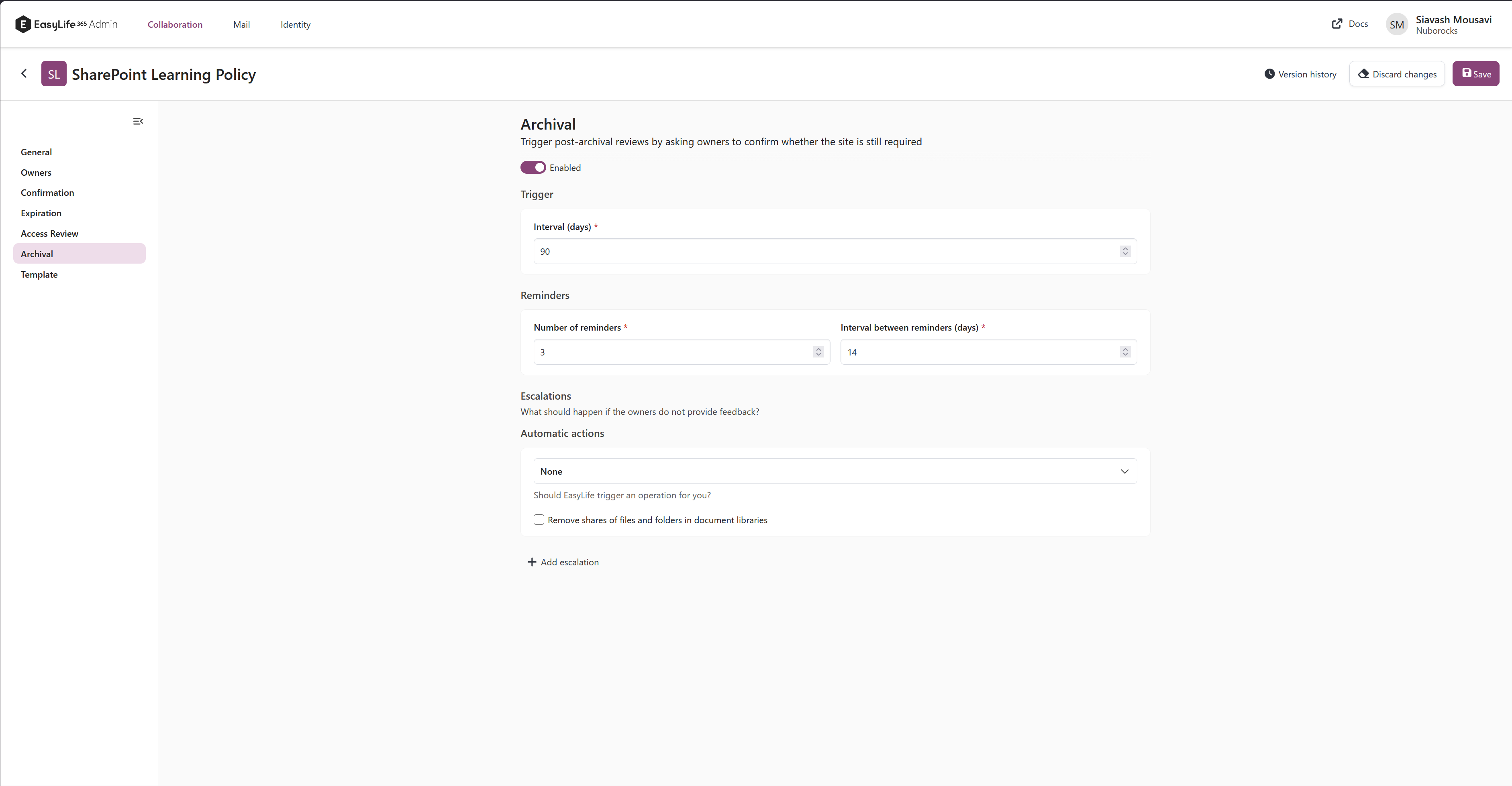 Sharepoint archival policy
