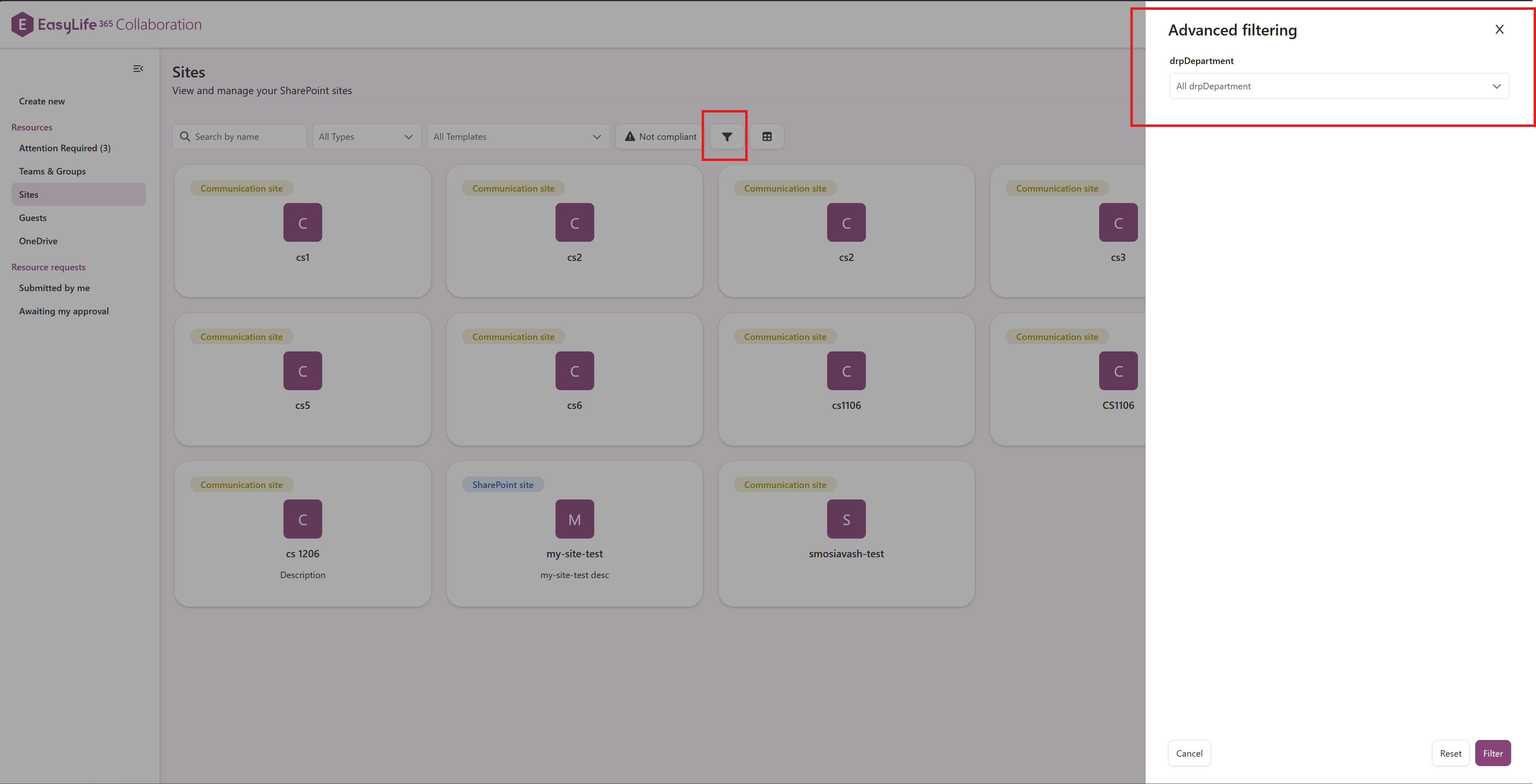 Manage overview advanced filter