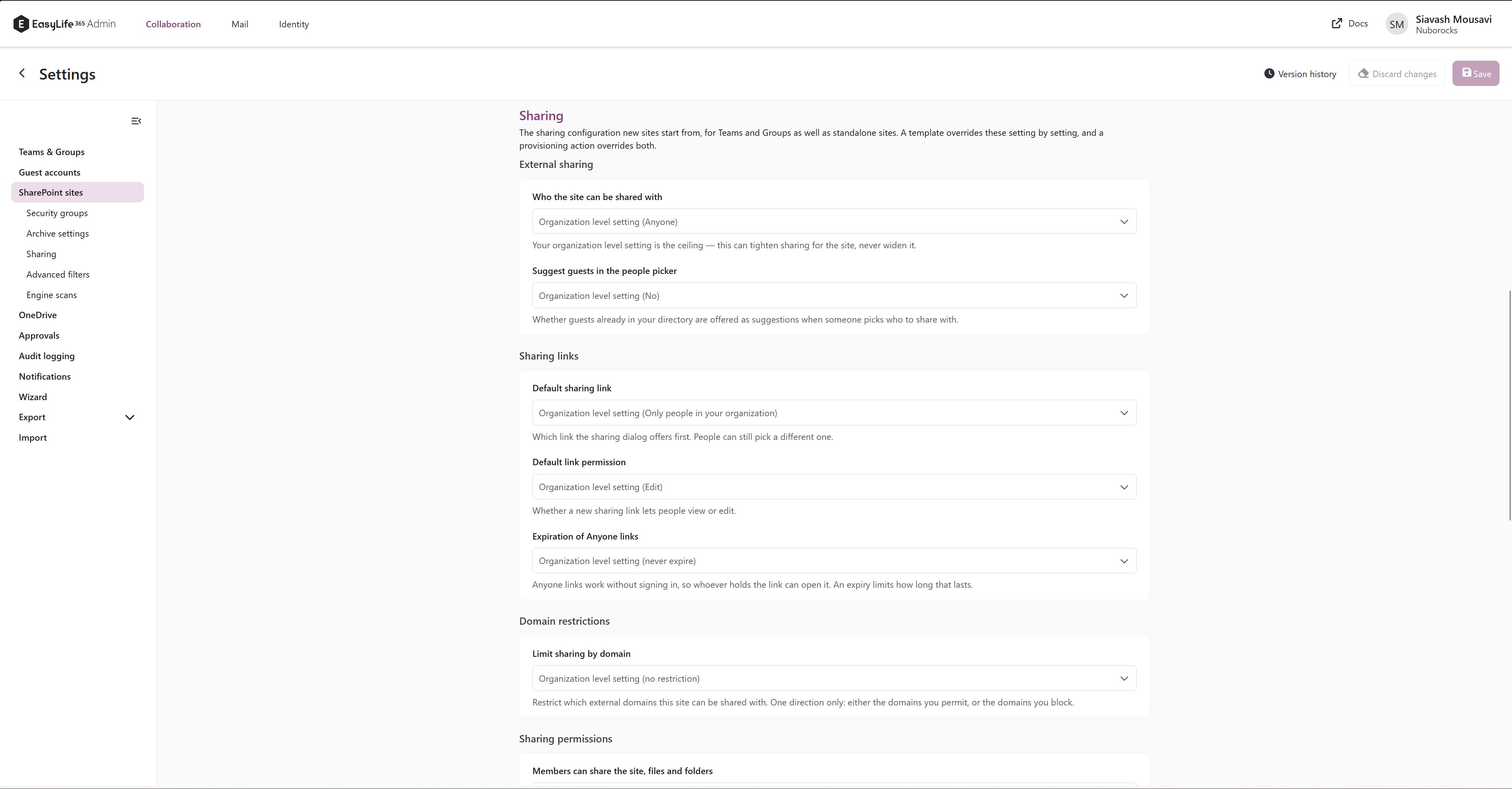 Sharing settings of a SharePoint site